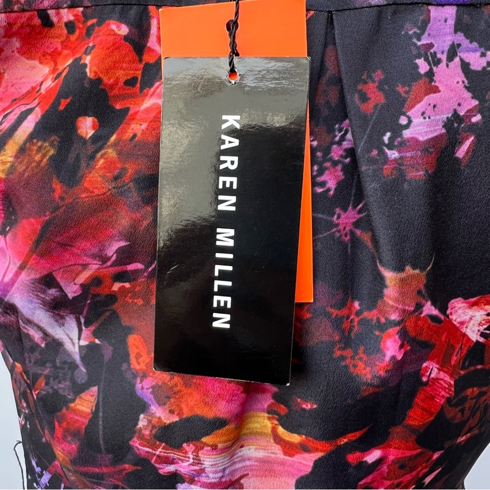 Karen Millen Modern Abstract Floral Ruffle Front V-Neck Slim Fit Party Dress - Picture 7 of 16